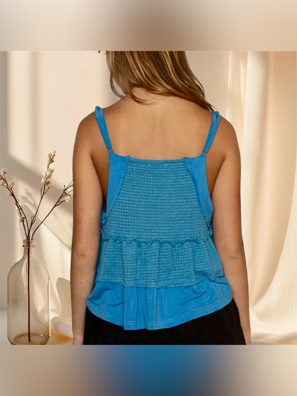 POL Pacific Blue Tiered Ruffle Hem Sleeveless Tank Top - Picture 3 of 6